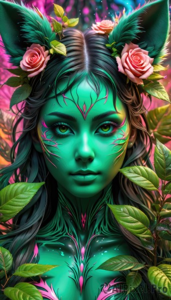 1girl,solo,long hair,breasts,looking at viewer,large breasts,black hair,hair ornament,animal ears,cleavage,closed mouth,green eyes,collarbone,yellow eyes,upper body,flower,artist name,signature,hair flower,lips,fox ears,eyelashes,tattoo,makeup,glowing,rose,colored skin,leaf,watermark,facial mark,plant,lipstick,monster girl,red flower,portrait,web address,pink flower,eyeshadow,nose,green skin,pink rose,bodypaint,mascara,plant girl,brown hair,realistic,blue skin