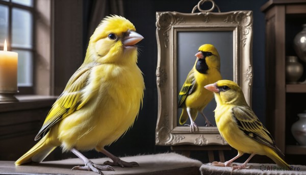 HQ,standing,wings,indoors,blurry,black eyes,no humans,window,bird,animal,feathers,reflection,walking,realistic,candle,animal focus,painting (object),duck,talons,beak,duckling,looking at viewer,full body,fire,flame,candlestand