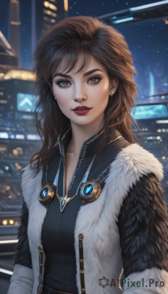 1girl,solo,long hair,breasts,looking at viewer,smile,brown hair,shirt,brown eyes,jewelry,jacket,upper body,earrings,outdoors,parted lips,open clothes,sky,belt,necklace,blurry,lips,coat,fur trim,black shirt,makeup,night,depth of field,blurry background,lipstick,building,night sky,freckles,realistic,nose,hands in pockets,red lips,fur coat,bangs,long sleeves,medium breasts,collarbone,artist name,eyelashes,gem,star (sky),pendant,eyeshadow,backlighting,city,stud earrings,cityscape,mascara,city lights