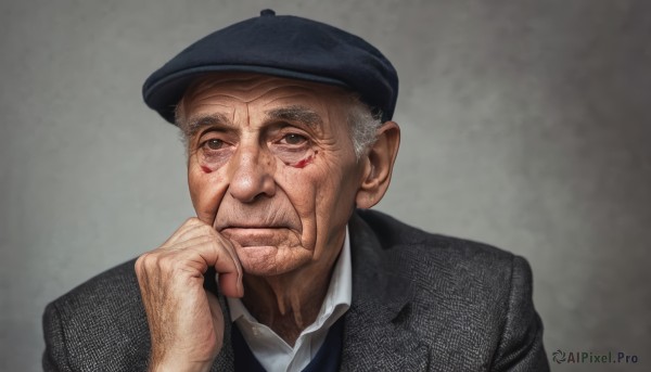 solo,looking at viewer,simple background,shirt,1boy,hat,closed mouth,jacket,white shirt,upper body,grey hair,male focus,necktie,collared shirt,hand up,grey background,black jacket,black headwear,facial hair,beret,formal,suit,portrait,black necktie,hand on own face,head rest,realistic,manly,old,old man,wrinkled skin,black eyes,blood,blue headwear,hand on own chin