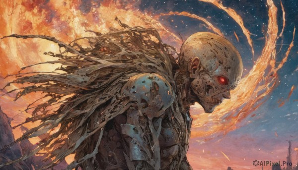 solo,red eyes,1boy,upper body,male focus,outdoors,sky,cloud,cape,armor,from side,torn clothes,glowing,fire,star (sky),glowing eyes,science fiction,bald,cyborg,damaged,alien,blue sky,no humans,profile,scenery,skull,fantasy,glowing eye,skeleton,embers