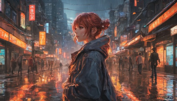 1girl,short hair,bangs,brown hair,brown eyes,standing,jacket,outdoors,multiple boys,sky,solo focus,hood,water,hair bun,lips,coat,hoodie,night,single hair bun,hood down,ground vehicle,building,scenery,reflection,walking,rain,6+boys,city,sign,hands in pockets,road,cityscape,street,crowd,city lights,neon lights,people,crosswalk,long sleeves,holding,jewelry,closed mouth,upper body,sidelocks,red hair,earrings,scarf,blurry,from side,wet,profile,depth of field,looking away,hooded jacket,motor vehicle,hand in pocket,water drop,silhouette,dark,looking afar,power lines,puddle,pavement,vanishing point,storefront