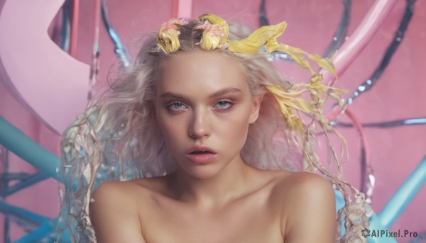 1girl,solo,long hair,looking at viewer,blue eyes,hair ornament,bare shoulders,collarbone,upper body,flower,grey hair,nude,parted lips,blurry,lips,eyelashes,portrait,forehead,freckles,science fiction,realistic,nose,cable,cyberpunk,open mouth,blonde hair,teeth,makeup,floating hair,pink background