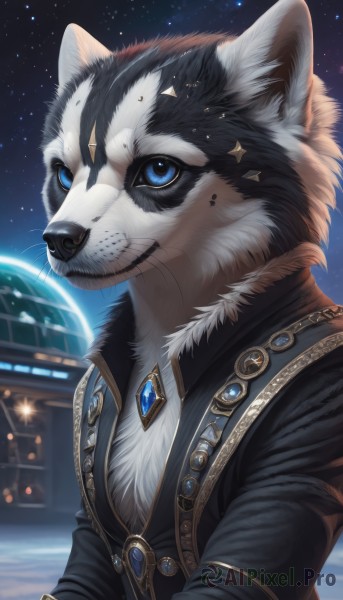 solo,blue eyes,long sleeves,1boy,animal ears,jewelry,closed mouth,jacket,upper body,male focus,outdoors,sky,artist name,signature,black jacket,no humans,night,animal,cat,brooch,gem,star (sky),night sky,furry,starry sky,furry male,animal nose,whiskers,blue gemstone,black fur,smile,colored sclera,space,planet