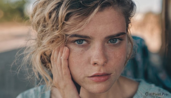 1girl,solo,looking at viewer,short hair,blue eyes,blonde hair,brown hair,shirt,parted lips,solo focus,blurry,lips,depth of field,blurry background,pov,portrait,close-up,hand on own face,freckles,hand in own hair,realistic,nose,pov hands,hand on another's face,black hair,closed mouth,lying,barefoot,artist name,eyelashes,blue shirt,on stomach