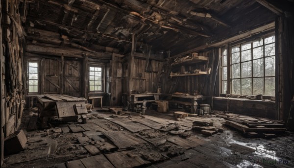 day,indoors,no humans,window,chair,table,sunlight,curtains,box,scenery,desk,wooden floor,ruins,broken,barrel,crate,door,drawer,cabinet,wooden chair