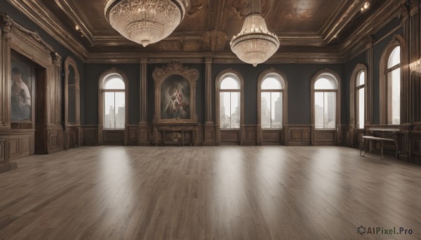 1girl,solo,long hair,dress,sitting,red hair,indoors,no humans,window,shadow,chair,table,sunlight,scenery,reflection,light rays,wooden floor,stairs,door,light,lamp,statue,painting (object),ceiling,ceiling light,reflective floor,chandelier,day,desk,candle,candlestand