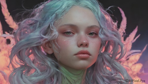 1girl,solo,long hair,looking at viewer,jewelry,closed mouth,green eyes,blue hair,earrings,artist name,lips,eyelashes,aqua hair,wavy hair,expressionless,feathers,portrait,forehead,freckles,realistic,nose,parted lips,floating hair,looking up,close-up