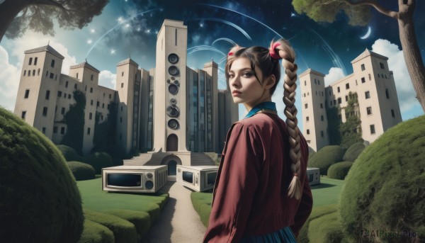 1girl,solo,long hair,looking at viewer,skirt,brown hair,twintails,brown eyes,jacket,braid,outdoors,sky,looking back,cloud,twin braids,sweater,tree,lips,blue skirt,night,moon,ground vehicle,building,star (sky),night sky,motor vehicle,starry sky,city,nose,crescent moon,shooting star,bus,black hair,hair ornament,from behind,grass,scenery,red jacket,ruins,planet