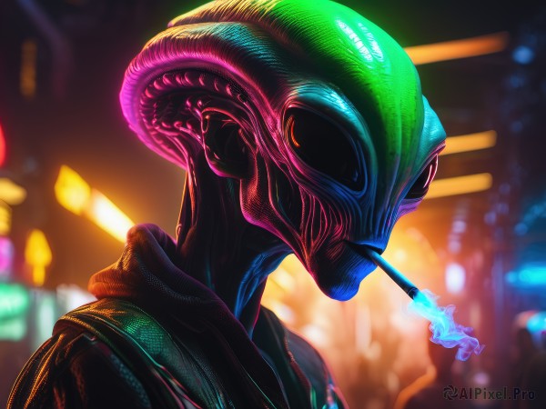 solo,1boy,upper body,male focus,teeth,hood,blurry,from side,blurry background,portrait,1other,smoke,science fiction,monster,cigarette,city,realistic,smoking,alien,neon lights,outdoors,hoodie,night,depth of field,glowing,mouth hold,fire,city lights