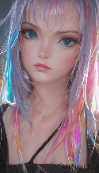 1girl,solo,long hair,breasts,looking at viewer,bangs,blue eyes,cleavage,closed mouth,collarbone,upper body,pink hair,multicolored hair,two-tone hair,lips,eyelashes,makeup,expressionless,portrait,close-up,pink lips,realistic,nose,blue hair,white hair,parted lips,artist name,gradient hair