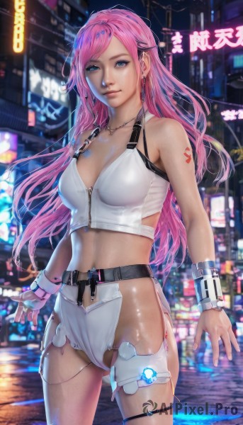 1girl,solo,long hair,breasts,looking at viewer,smile,blue eyes,large breasts,gloves,navel,cleavage,jewelry,medium breasts,standing,pink hair,cowboy shot,earrings,outdoors,shorts,hairclip,midriff,shiny,belt,fingerless gloves,necklace,blurry,bracelet,lips,crop top,shiny skin,short shorts,tattoo,makeup,thigh strap,night,wristband,zipper,white shorts,city,realistic,bangs,hair ornament,bare shoulders,piercing,science fiction,android,joints,cyberpunk,neon lights