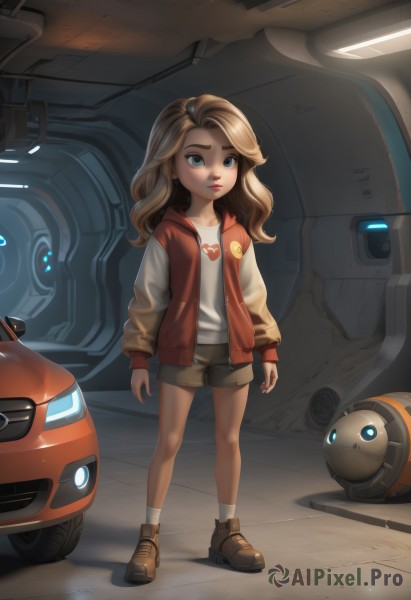 1girl,solo,long hair,looking at viewer,blue eyes,blonde hair,brown hair,shirt,long sleeves,standing,jacket,full body,white shirt,boots,open clothes,shoes,shorts,socks,open jacket,lips,short shorts,glowing,brown footwear,robot,ground vehicle,child,mecha,motor vehicle,red jacket,science fiction,female child,car,brown shorts,letterman jacket,heart,artist name,hood,hoodie,wavy hair,aged down,white socks