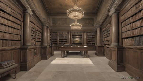 indoors,book,no humans,shadow,chair,table,sunlight,scenery,stairs,bookshelf,light,lamp,book stack,library,ceiling,carpet,chandelier,voile,candle,pillar,candlestand,column