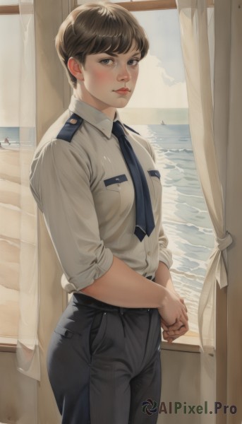 1girl,solo,breasts,looking at viewer,blush,short hair,bangs,blue eyes,brown hair,shirt,standing,white shirt,cowboy shot,earrings,necktie,sky,day,collared shirt,pants,indoors,water,uniform,lips,looking to the side,window,buttons,ocean,black pants,own hands together,curtains,black necktie,sleeves rolled up,pocket,blue necktie,nose,breast pocket,police,police uniform,policewoman,black hair,closed mouth,small breasts,outdoors,belt,black eyes,dress shirt,beach,realistic,horizon