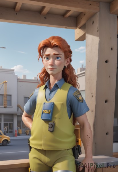 1girl,solo,long hair,looking at viewer,blue eyes,brown hair,shirt,jewelry,short sleeves,earrings,outdoors,sky,day,collared shirt,pants,artist name,cloud,orange hair,uniform,vest,blue sky,lips,window,thick eyebrows,blue shirt,ground vehicle,building,motor vehicle,freckles,pouch,city,realistic,car,holster,police,dirty,police uniform,policewoman,bulletproof vest,walkie-talkie,standing,red hair,cowboy shot,shorts,solo focus,hand on hip,wavy hair,nose,blue vest