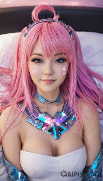 1girl,solo,long hair,breasts,looking at viewer,smile,bangs,blue eyes,dress,cleavage,bare shoulders,jewelry,medium breasts,closed mouth,upper body,pink hair,ahoge,hairband,choker,necklace,white dress,lips,eyelashes,strapless,bed,makeup,facial mark,strapless dress,realistic,nose,straight-on,star (symbol),on bed,gem