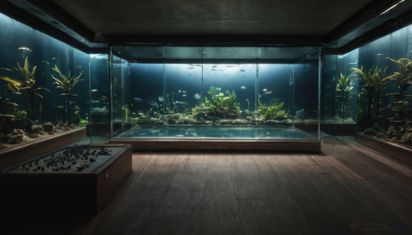 indoors,water,no humans,sunlight,plant,scenery,fish,wooden floor,rock,underwater,ruins,seaweed,light rays,light,watercraft,coral,aquarium