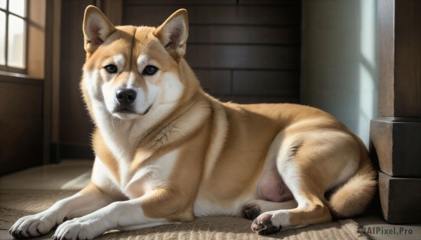 HQ,solo,looking at viewer,lying,day,indoors,black eyes,no humans,window,animal,scar,on stomach,dog,realistic,door,animal focus,closed mouth,full body,on side,sunlight,sleeping,box,shiba inu