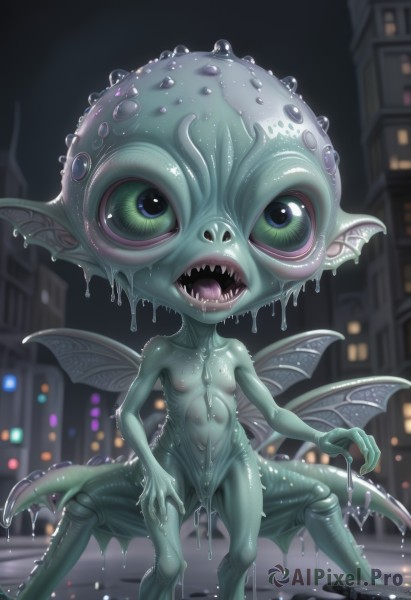 1girl,solo,looking at viewer,open mouth,blue eyes,navel,nipples,green eyes,standing,tail,nude,small breasts,outdoors,wings,teeth,artist name,blurry,wet,loli,no humans,night,blurry background,colored skin,sharp teeth,monster girl,claws,tentacles,monster,city,green skin,extra eyes,slime (substance),horror (theme),fewer digits,black eyes,building,blue skin,antennae,creature,dripping