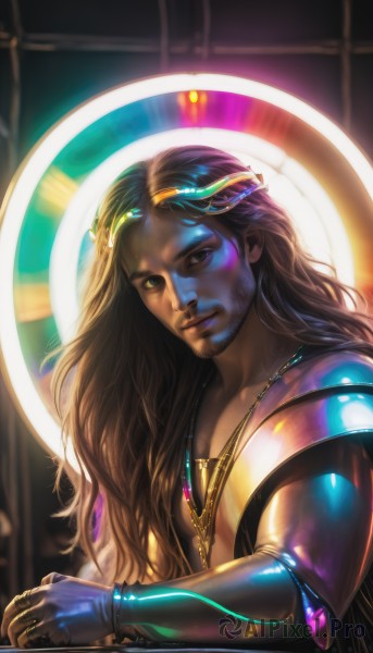 solo,long hair,looking at viewer,brown hair,black hair,1boy,brown eyes,jewelry,closed mouth,upper body,male focus,dark skin,necklace,lips,facial hair,dark-skinned male,gem,beard,realistic,nose,mechanical arms,single mechanical arm,blue eyes,gloves,shiny,armor,bracelet,ring