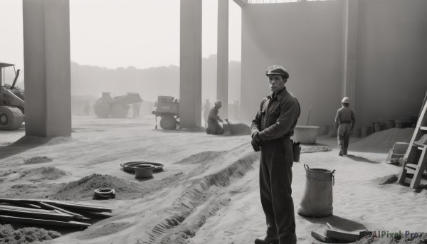 shirt,gloves,long sleeves,1boy,hat,standing,monochrome,weapon,greyscale,male focus,outdoors,multiple boys,necktie,pants,indoors,2boys,uniform,gun,military,military uniform,3boys,ground vehicle,scenery,motor vehicle,4boys,military hat,military vehicle,car,tank,police,police uniform,soldier,truck,multiple others