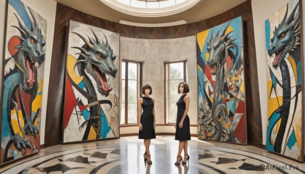 looking at viewer,short hair,open mouth,multiple girls,brown hair,red eyes,dress,2girls,bare shoulders,standing,horns,teeth,sleeveless,indoors,black dress,high heels,window,sleeveless dress,sharp teeth,reflection,mirror,dragon,eastern dragon,reflective floor,different reflection,black hair