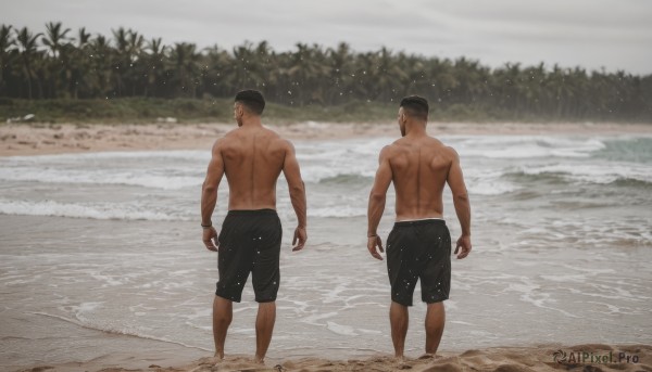 short hair,black hair,jewelry,standing,full body,male focus,outdoors,multiple boys,shorts,barefoot,dark skin,2boys,water,from behind,tree,muscular,facial hair,ocean,back,scar,beach,black shorts,dark-skinned male,muscular male,beard,walking,topless male,sand,arms at sides,facing away,male swimwear,swim trunks,bara,very short hair,undercut,buzz cut