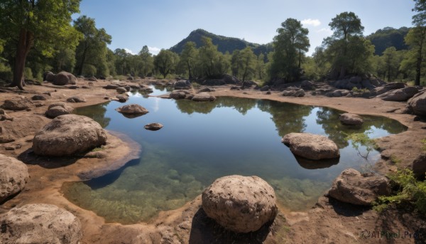 outdoors,sky,day,cloud,water,tree,blue sky,no humans,grass,nature,scenery,forest,reflection,rock,mountain,river,landscape,lake,reflective water