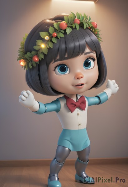 1girl,solo,smile,short hair,open mouth,bangs,blue eyes,black hair,gloves,dress,bow,standing,full body,pantyhose,boots,parted lips,indoors,white gloves,blunt bangs,bowtie,red bow,lips,bob cut,outstretched arms,looking up,red bowtie,child,clenched hands,android,female child,head wreath,wreath,holly,looking at viewer,skirt,hair ornament,flower,teeth,hair flower,chibi,watermark,web address,blue footwear,wooden floor,realistic