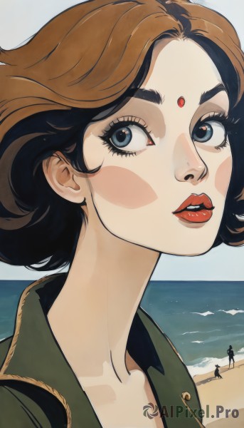 1girl,solo,looking at viewer,short hair,blue eyes,multiple girls,brown hair,black hair,jacket,outdoors,parted lips,sky,solo focus,day,cloud,water,lips,looking to the side,makeup,shadow,ocean,beach,blush stickers,lipstick,portrait,sand,red lips,forehead jewel,eyelashes,green jacket