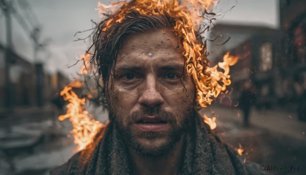 solo,looking at viewer,short hair,blue eyes,black hair,1boy,closed mouth,male focus,outdoors,dark skin,blurry,black eyes,lips,depth of field,blurry background,facial hair,dark-skinned male,fire,building,portrait,beard,city,realistic,straight-on,burning,brown hair,mustache