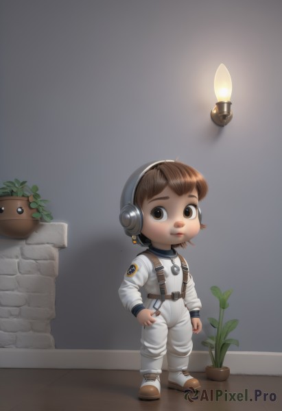 1girl,solo,smile,short hair,brown hair,1boy,brown eyes,standing,male focus,headphones,helmet,plant,child,androgynous,realistic,potted plant,male child,jumpsuit,spacesuit,full body,boots,headset,candle