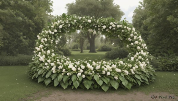 flower,outdoors,sky,day,tree,no humans,leaf,sunlight,grass,plant,white flower,nature,scenery,forest,road,bush,green theme,path,cloud