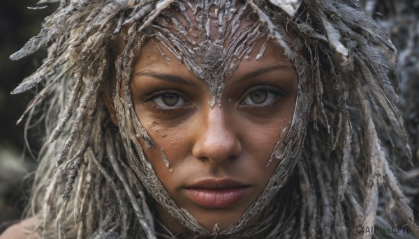 1girl,solo,long hair,looking at viewer,brown hair,brown eyes,closed mouth,parted lips,dark skin,blurry,dark-skinned female,lips,eyelashes,depth of field,blurry background,portrait,close-up,freckles,realistic,straight-on