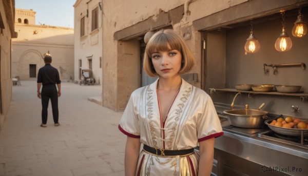 1girl,looking at viewer,smile,short hair,bangs,brown hair,shirt,black hair,1boy,dress,brown eyes,closed mouth,standing,collarbone,short sleeves,outdoors,food,solo focus,day,belt,pants,indoors,white dress,lips,black shirt,window,fruit,black pants,bob cut,crown,building,scenery,bowl,lantern,realistic,arms at sides,cooking,orange (fruit),kitchen,sink,stove,cutting board,blunt bangs,hair bun,single hair bun,knife,fantasy