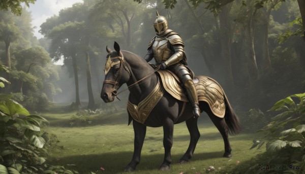 solo,1boy,weapon,flower,male focus,outdoors,day,armor,tree,animal,leaf,sunlight,helmet,grass,plant,shoulder armor,gauntlets,nature,scenery,1other,forest,pauldrons,breastplate,riding,horse,knight,full armor,ambiguous gender,horseback riding,helm,plate armor,saddle,holding,sky,cloud,cape,holding weapon,fantasy,armored boots,bush,greaves,reins