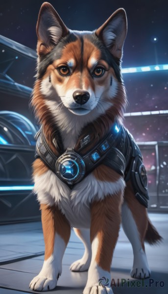 solo,looking at viewer,brown eyes,standing,full body,sky,collar,no humans,night,animal,star (sky),night sky,science fiction,dog,realistic,animal focus,closed mouth,glowing,watermark,web address,shiba inu