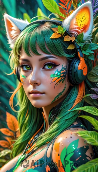 1girl,solo,long hair,breasts,looking at viewer,bangs,hair ornament,animal ears,jewelry,closed mouth,green eyes,upper body,flower,multicolored hair,green hair,artist name,cat ears,necklace,orange hair,blurry,from side,two-tone hair,lips,animal ear fluff,eyelashes,tattoo,gradient hair,makeup,depth of field,headphones,leaf,watermark,facial mark,plant,slit pupils,portrait,eyeshadow,freckles,nose,eyeliner,whisker markings,facepaint,mascara,bare shoulders,hair flower,nature