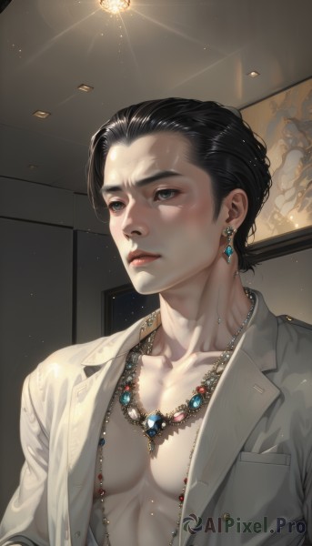 solo,short hair,blue eyes,shirt,black hair,1boy,jewelry,closed mouth,collarbone,jacket,upper body,male focus,earrings,open clothes,indoors,necklace,black eyes,open jacket,lips,grey eyes,open shirt,looking away,pectorals,gem,realistic,grey jacket,nose,unbuttoned,hair slicked back,white shirt,parted lips,makeup,white jacket,looking up,light,looking afar