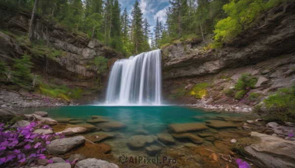 flower, outdoors, sky, day, cloud, water, tree, blue sky, dutch angle, no humans, nature, scenery, forest, rock, waterfall, landscape