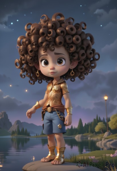 1girl,solo,looking at viewer,brown hair,1boy,brown eyes,jewelry,standing,full body,flower,male focus,earrings,outdoors,sky,shorts,belt,cloud,dark skin,water,armor,bracelet,dark-skinned female,tree,lips,night,sandals,dark-skinned male,cloudy sky,grass,child,star (sky),night sky,starry sky,reflection,curly hair,bracer,male child,big hair,lamppost,river,very dark skin,lake,lily pad,afro,short hair,closed mouth,artist name,signature,necklace,watermark,brown footwear,denim,messy hair,hoop earrings,rock