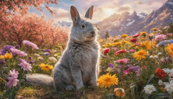 flower, outdoors, sky, day, cloud, tree, no humans, animal, cloudy sky, grass, red flower, nature, scenery, rabbit, mountain, realistic, yellow flower, purple flower, field, animal focus, mountainous horizon, orange flower