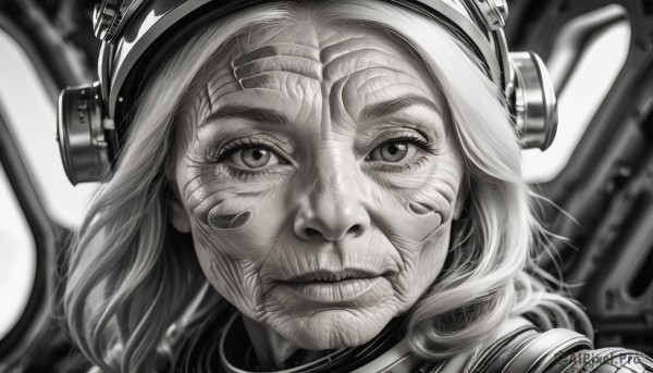 1girl,solo,looking at viewer,closed mouth,monochrome,greyscale,medium hair,blurry,lips,blurry background,headgear,portrait,science fiction,realistic,long hair,1boy,signature,eyelashes,facial hair,headphones,helmet,nose,old,wrinkled skin