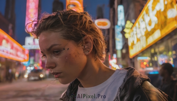 1girl,solo,short hair,brown hair,shirt,brown eyes,jewelry,jacket,white shirt,upper body,earrings,outdoors,solo focus,dark skin,mole,blurry,dark-skinned female,lips,black jacket,night,depth of field,blurry background,piercing,backpack,messy hair,freckles,city,realistic,nose,road,leather,leather jacket,city lights,black hair,closed mouth,black eyes,ear piercing,portrait,stud earrings,cyberpunk,neon lights