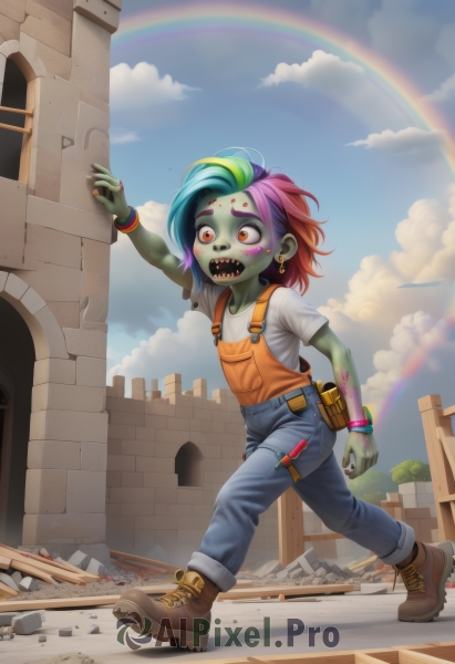 1girl,solo,short hair,open mouth,shirt,red eyes,jewelry,full body,white shirt,pink hair,purple hair,short sleeves,multicolored hair,earrings,boots,outdoors,green hair,sky,teeth,day,pants,artist name,cloud,nail polish,arm up,bracelet,blue sky,orange eyes,gradient hair,colored skin,watermark,brown footwear,piercing,denim,sharp teeth,t-shirt,building,wristband,ear piercing,child,walking,running,jeans,female child,overalls,green skin,rainbow,zombie,blue overalls,rainbow hair,blush,yellow eyes,red hair,flat chest,two-tone hair,makeup,drooling,blue skin,facepaint,stitches,grey skin,dirty,green lips