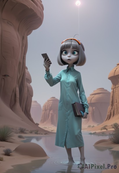 1girl,solo,short hair,bangs,blue eyes,shirt,long sleeves,dress,holding,green eyes,standing,full body,grey hair,hairband,outdoors,sky,barefoot,hand up,signature,blunt bangs,water,aqua eyes,tree,book,blue dress,phone,bob cut,cellphone,child,wading,reflection,holding book,holding phone,pajamas,wide-eyed,rock,collared dress,female child,ripples,open mouth,ahoge,parted lips,glasses,teeth,day,makeup,looking up,goggles,eyewear on head,smartphone,goggles on head,round eyewear,long dress,bags under eyes