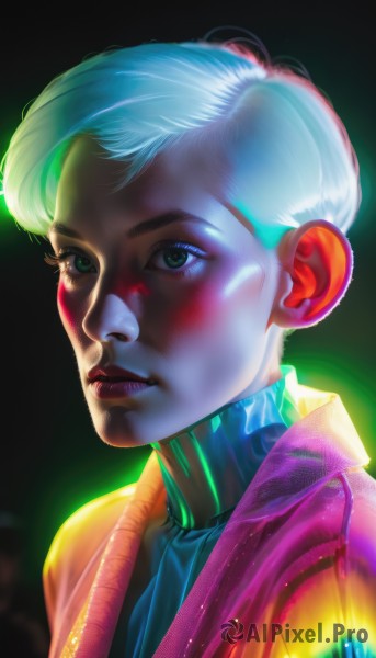 1girl,solo,looking at viewer,short hair,simple background,green eyes,jacket,upper body,white hair,parted lips,lips,bodysuit,makeup,glowing,turtleneck,black background,portrait,science fiction,realistic,nose,cyborg,lip biting,cyberpunk,blush,artist name,eyelashes,watermark,looking away,web address,backlighting,light