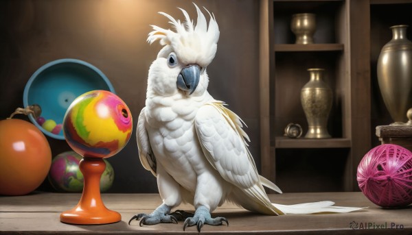 HQ,solo,blue eyes,standing,full body,wings,indoors,black eyes,no humans,bird,animal,feathers,ball,realistic,animal focus,egg,orb,talons,globe,yarn,yarn ball,looking at viewer,closed mouth,pokemon (creature),claws