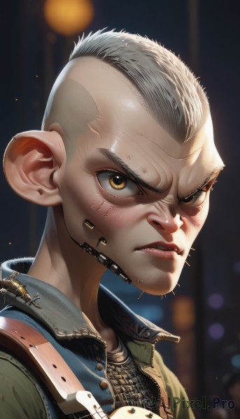 solo,looking at viewer,short hair,shirt,1boy,brown eyes,jacket,yellow eyes,upper body,grey hair,male focus,parted lips,teeth,blurry,lips,blurry background,portrait,science fiction,realistic,nose,bald,very short hair,cyborg,mohawk,cyberpunk,vest,frown,angry,serious,alien